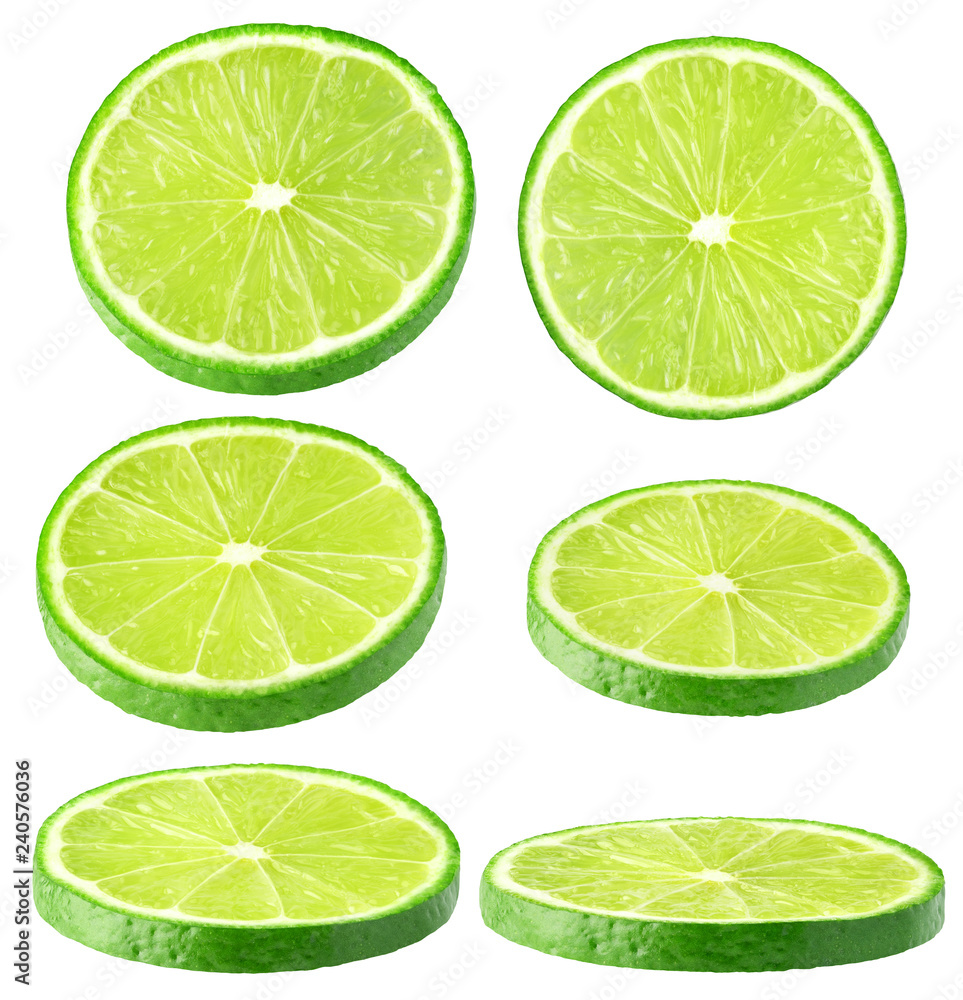 Isolated lime collection. Different angle of lime fruit slices isolated of white, with clipping path