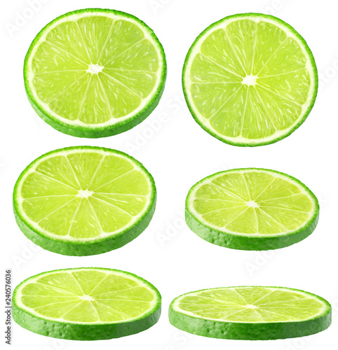 Isolated lime collection. Different angle of lime fruit slices isolated of white, with clipping path