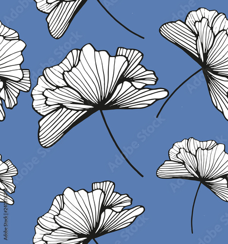 Ilustraci  n con flores originales sobre fondo azul 