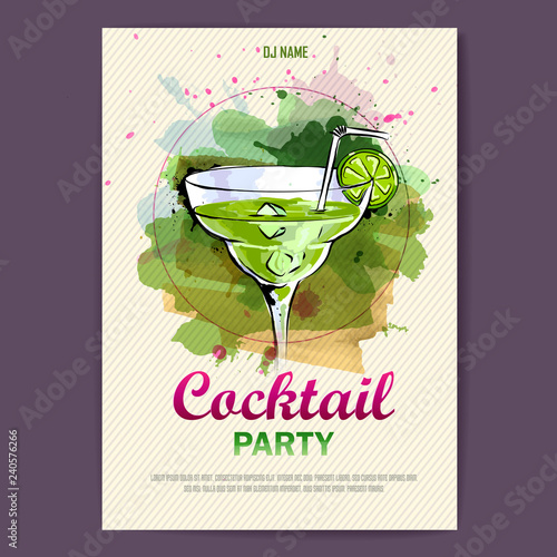 Hand drawn artistic cocktail disco poster. Watercolor paint