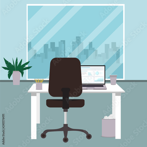 Flat office concept illustration. Vector workplace modern design. Office illustration with chair, desk, computer, coffee cup, window. Vector illustration.