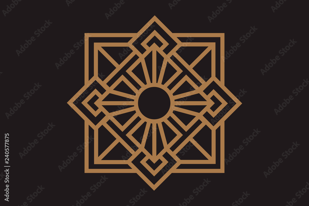 Abstract emblem in trendy linear style with sun of sacred icon on geometric. Vector graphic design logo, print, label, badge, sticker, emblem, sign, identity. Abstract emblem in trendy linear style with sun of sacred icon on geometric. Vector graphic design logo, print, label, badge, sticker, emblem, sign, identity.