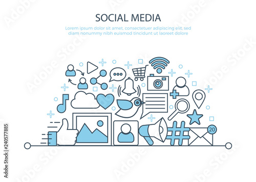 Social media poster. Thin line icons set marketing concept banner. Social network web symbols