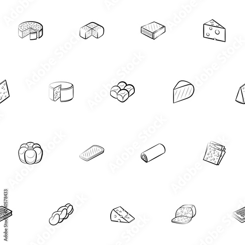 Bakery products and Cheeses set. Background for printing, design, web. Usable as icons. Seamless. Monochrome binary, black and white.