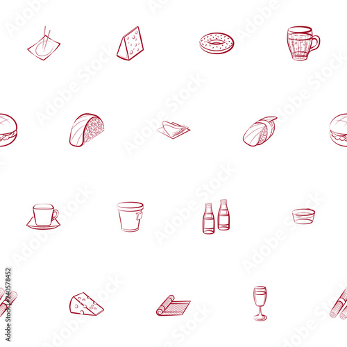 American food, Cheeses, Drinks, Japanese food and Table setting set. Background for printing, design, web. Usable as icons. Seamless. Color.