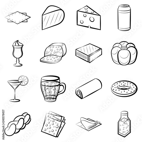 American food, Bakery products, Cheeses, Drinks and Table setting set. Background for printing, design, web. Usable as icons. Seamless. Monochrome binary, black and white.