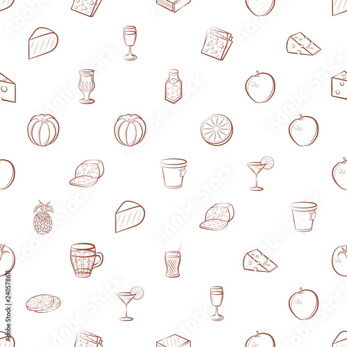 Cheeses, Drinks and Fruits set. Background for printing, design, web. Usable as icons. Seamless. Color.