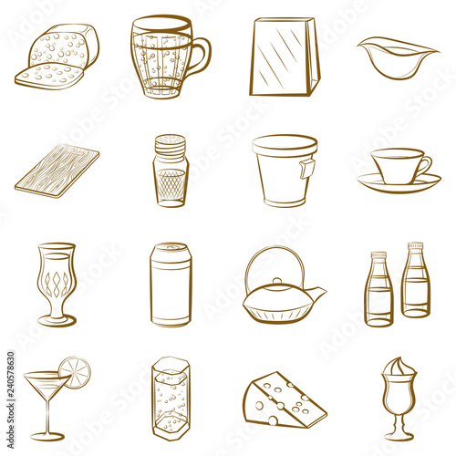 Cheeses, Drinks, Japanese food and Table setting set. Background for printing, design, web. Usable as icons. Seamless. Color.