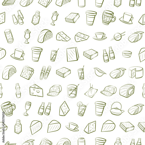 Cheeses, Drinks and Japanese food set. Background for printing, design, web. Usable as icons. Seamless. Color.