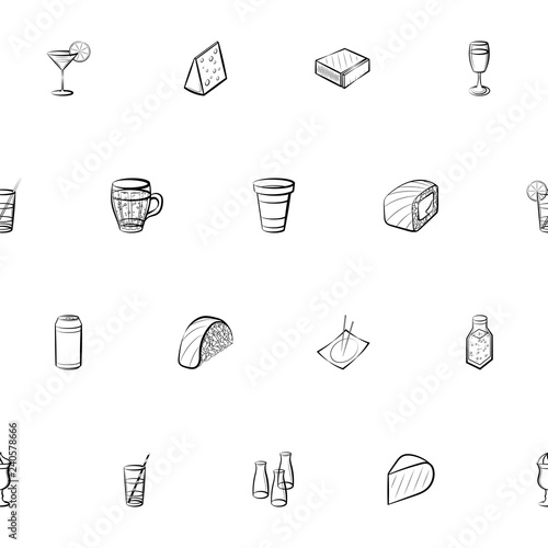 Cheeses, Drinks and Japanese food set. Background for printing, design, web. Usable as icons. Seamless. Monochrome binary, black and white.