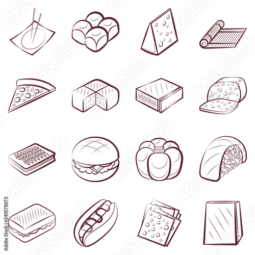 American food, Bakery products, Cheeses and Japanese food set. Background for printing, design, web. Usable as icons. Seamless. Color.