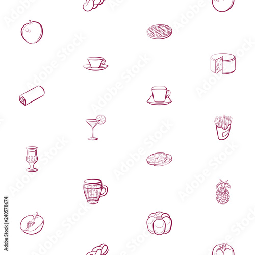 American food, Bakery products, Cheeses, Drinks and Fruits set. Background for printing, design, web. Usable as icons. Seamless. Color.