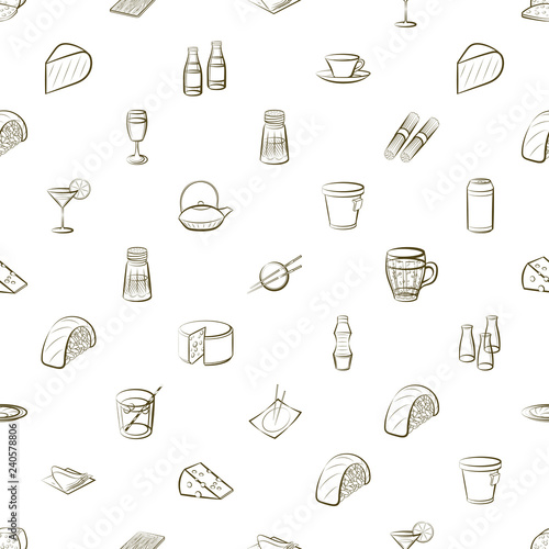 Cheeses, Drinks, Japanese food and Table setting set. Background for printing, design, web. Usable as icons. Seamless. Color.