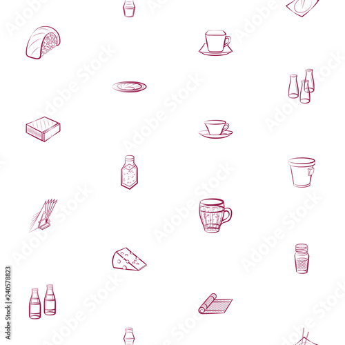 Cheeses, Drinks, Japanese food and Table setting set. Background for printing, design, web. Usable as icons. Seamless. Color.