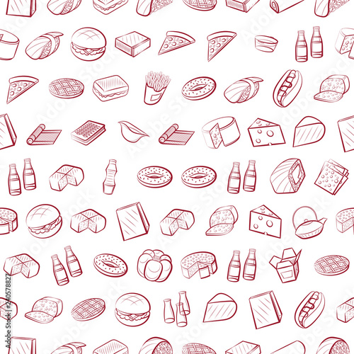 American food, Bakery products, Cheeses and Japanese food set. Background for printing, design, web. Usable as icons. Seamless. Color.