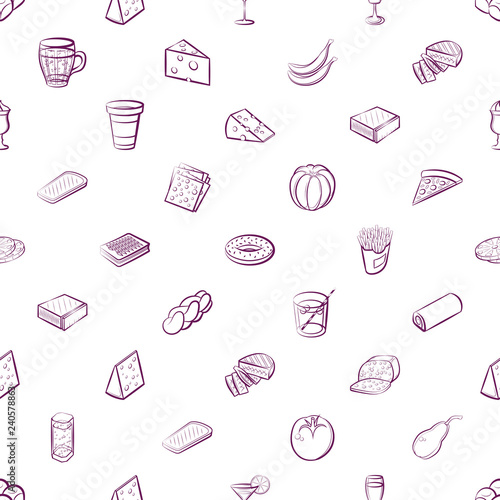 American food, Bakery products, Cheeses, Drinks and Fruits set. Background for printing, design, web. Usable as icons. Seamless. Color.