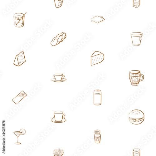 American food, Bakery products, Cheeses, Drinks and Table setting set. Background for printing, design, web. Usable as icons. Seamless. Color.