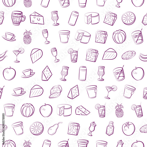 Cheeses, Drinks and Fruits set. Background for printing, design, web. Usable as icons. Seamless. Color.