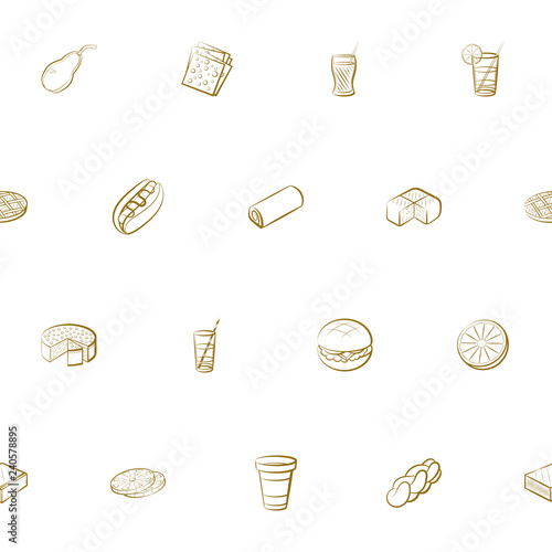 American food, Bakery products, Cheeses, Drinks and Fruits set. Background for printing, design, web. Usable as icons. Seamless. Color.