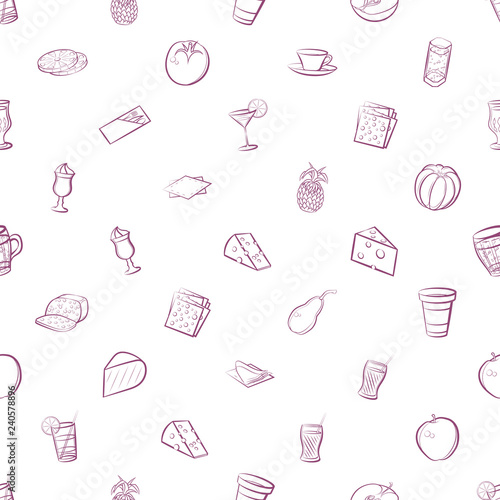 Cheeses, Drinks, Fruits and Table setting set. Background for printing, design, web. Usable as icons. Seamless. Color.