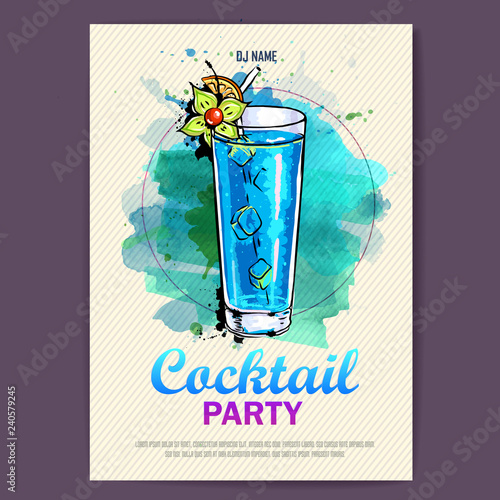 Hand drawn artistic cocktail disco poster. Watercolor paint