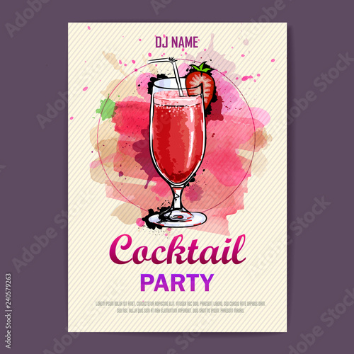 Hand drawn artistic cocktail disco poster. Watercolor paint