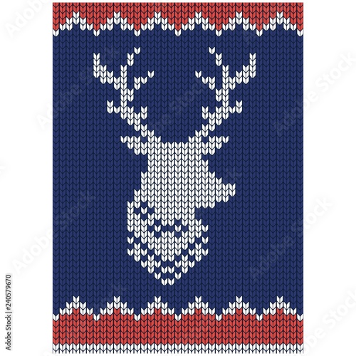 Reindeer head silhouette on vector knitted background