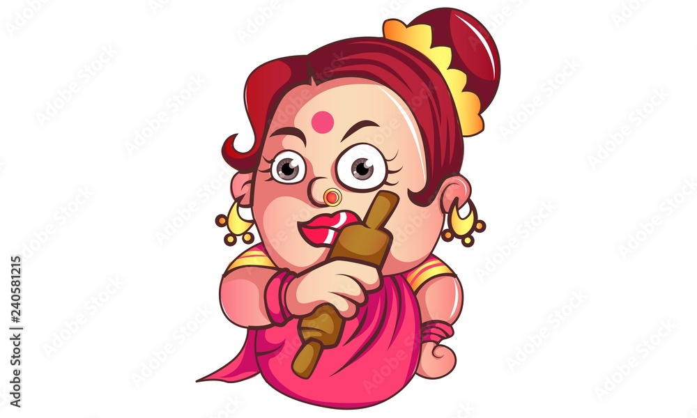 Vector cartoon illustration of funny iyer aunty ji with roller. Isolated on  white background. Stock Vector | Adobe Stock