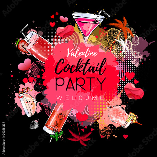 Cocktail party poster design. Cocktail menu. Valenine`s day