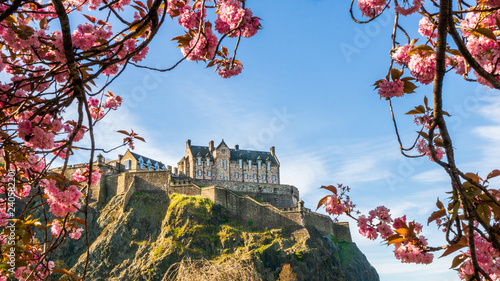 Edinburgh Castle framed by cherry blossoms on a beautiful blue sky Spring day, famous tourist attraction  in Scotland ,UK. photo