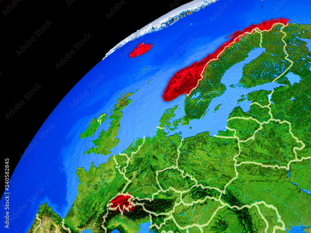 EFTA countries from space. Planet Earth with country borders and extremely high detail of planet surface.