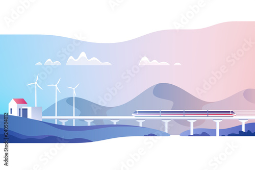 Abstract countryside landscape. Rural area with hills, fields and train. Vector illustration. © faber14