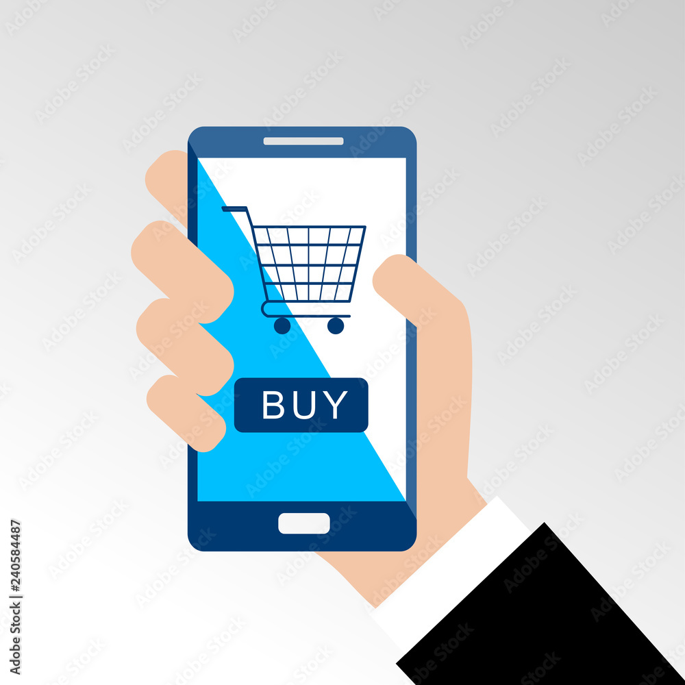 Businessman holding a smartphone with background for online buy. Concept of online shopping. Flat design, vector illustration. Businessman holding a smartphone with background for online buy. Concept of online shopping. Flat design, vector illustration.