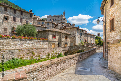 Scenic sight in Gubbio with Palazzo dei Consoli, medieval town in the Province of Perugia, Umbria, central Italy.