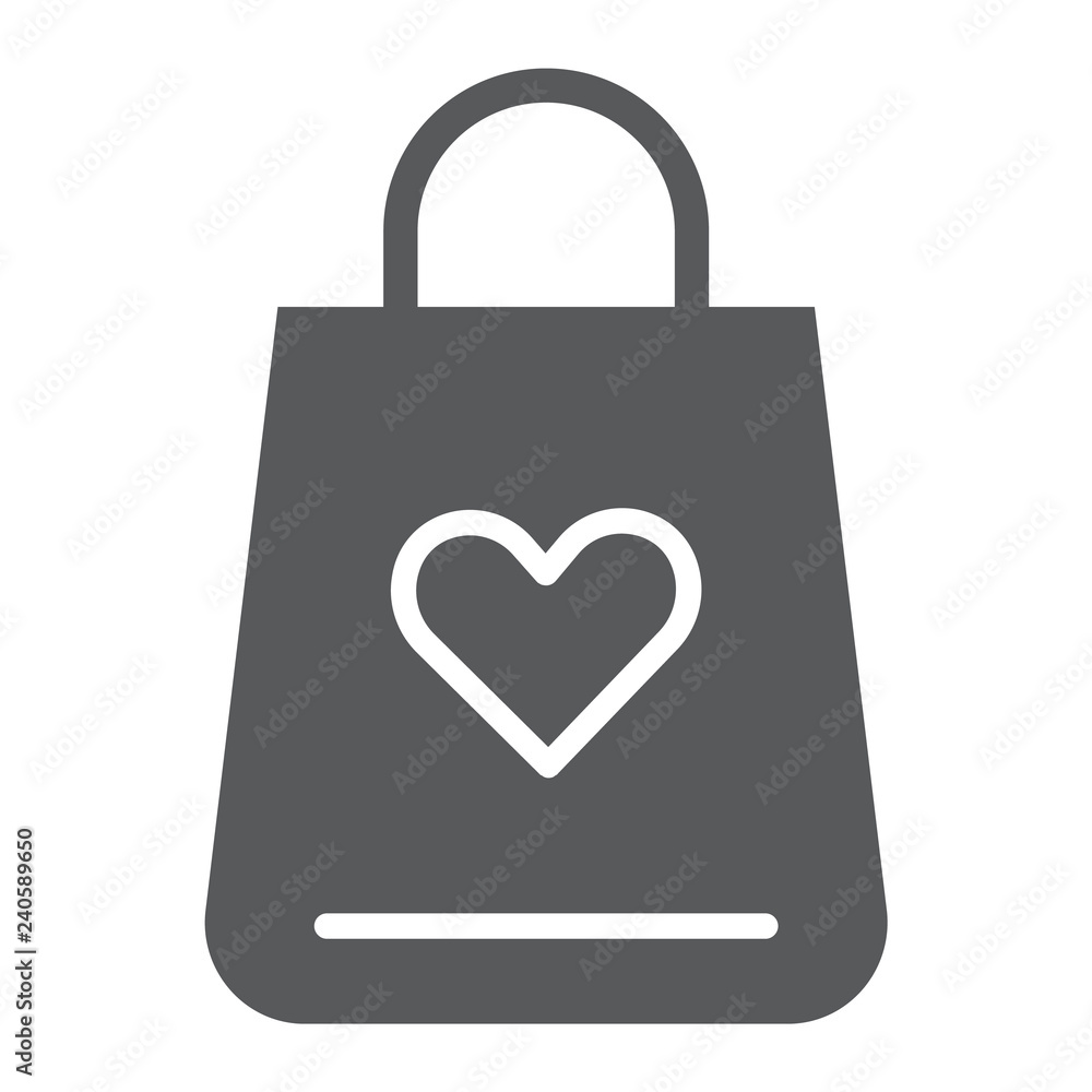 Shopping bag glyph icon, love and gift, package with heart sign, vector graphics, a solid pattern on a white background. Shopping bag glyph icon, love and gift, package with heart sign, vector graphics, a solid pattern on a white background.