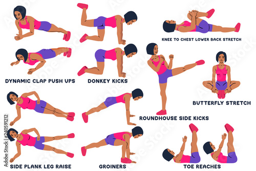 Sport exersice. Silhouettes of woman doing exercise. Workout, training.