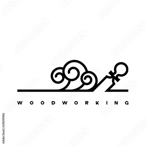  an illustration consisting of an image of a chisel plowing a tree and the inscription "woodworking"