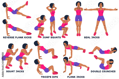 Reverse plank kicks. Reverse plank. Jump squats. Squat. Seal Jacks. Squat jacks. Triceps dips. PLank jacks. Double crunches. Sport exersice. Silhouettes of woman doing exercise. Workout, training.