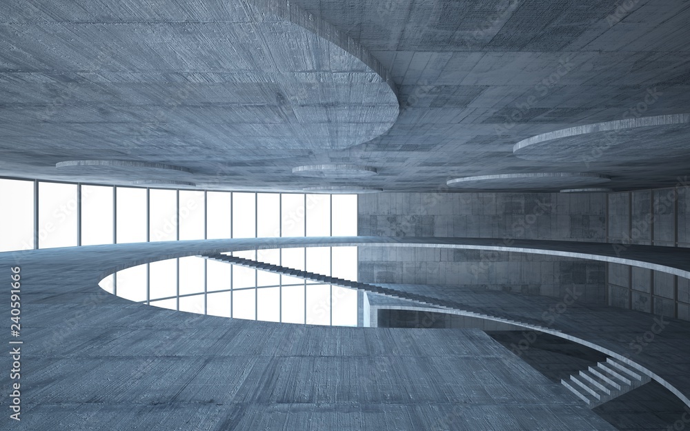 Abstract concrete interior multilevel public space with window. 3D illustration and rendering. Abstract concrete interior multilevel public space with window. 3D illustration and rendering.