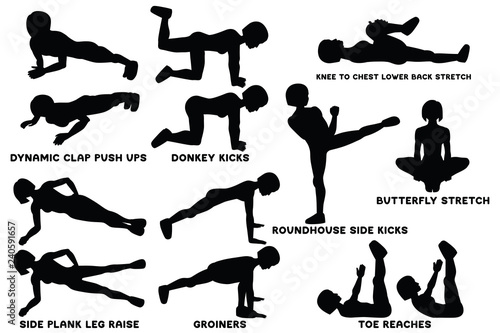 Sport exersice. Silhouettes of woman doing exercise. Workout, training.
