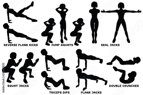 Reverse plank kicks. Reverse plank. Jump squats. Squat. Seal Jacks. Squat jacks. Triceps dips. PLank jacks. Double crunches. Sport exersice. Silhouettes of woman doing exercise. Workout, training.