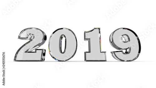Crystal New Year date number 2019, isolated on white - 3D illustration. Transparent 2019 letters poster.