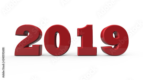 3D illustration of red 2019 letters on White Background.