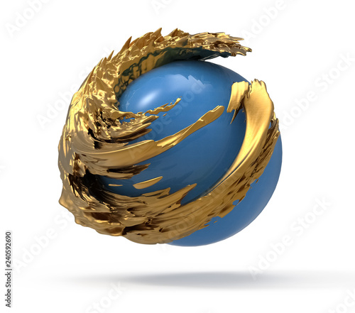 3D illustration of blue planet with golden wave around. Beautiful magic planet as a treasure stone.