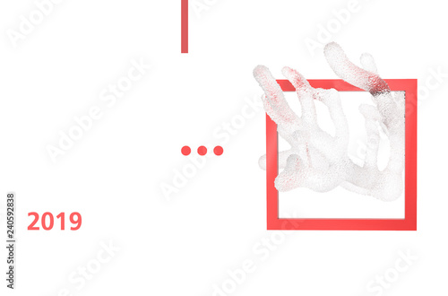 3D illustration of transparent coral in red frame. Template for 2019 poster with crystal coral.
