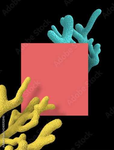 3D Illustration of yellow and blue corals on black and red background. Wallpaper with beautiful corals. Fashion coral template.