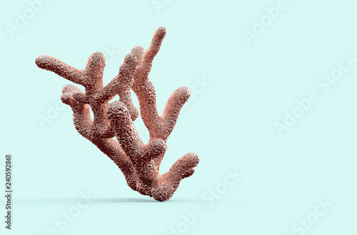3D illustration of bronze coral on blue background. Trendy fashion coral illustration looks like rose gold.
