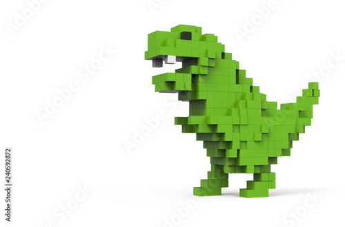 3D illustration of dinosaur pixel. Green Dino on white background pixel shaped. T-Rex dinosaur on white background.