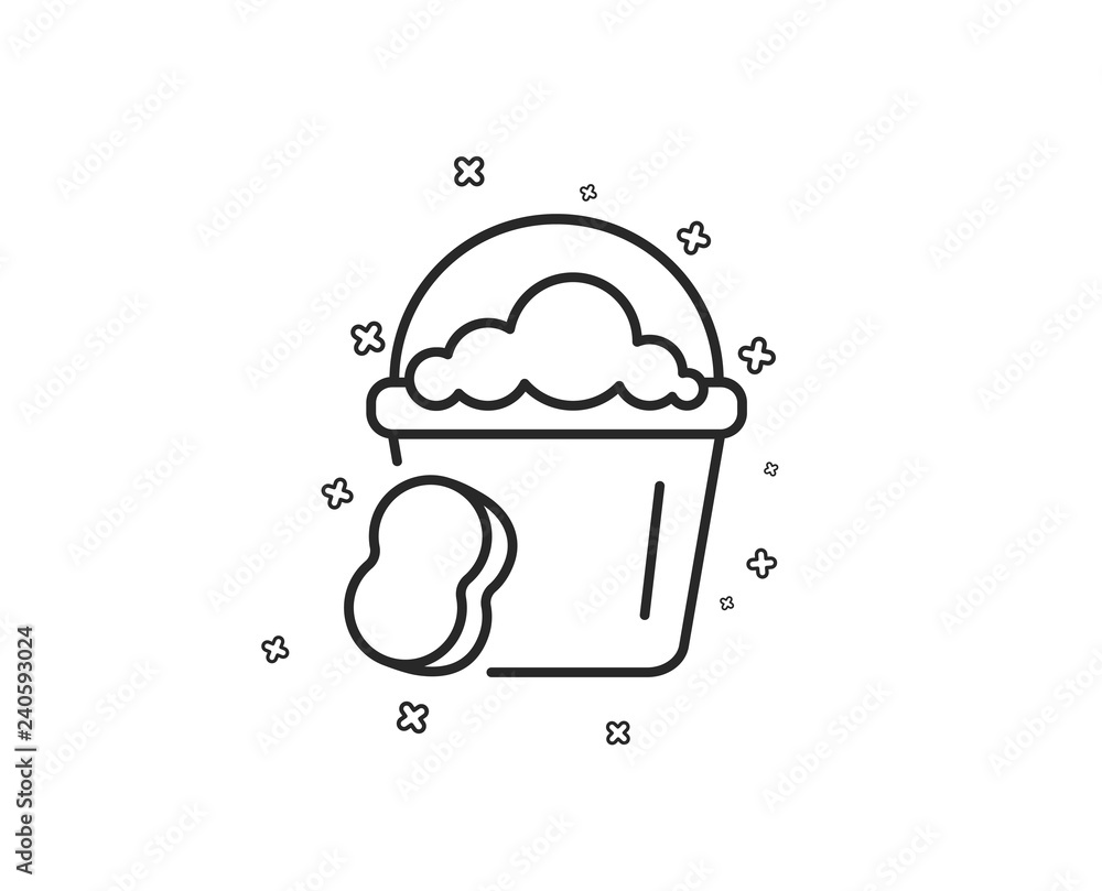 Cleaning bucket with sponge line icon. Washing Housekeeping equipment sign. Geometric shapes. Random cross elements. Linear Sponge icon design. Vector Cleaning bucket with sponge line icon. Washing Housekeeping equipment sign. Geometric shapes. Random cross elements. Linear Sponge icon design. Vector