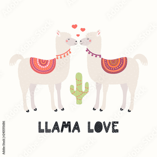 Hand drawn Valentines day card with cute funny llamas, hearts, cactus, text Llama love. Vector illustration. Scandinavian style flat design. Concept for celebration, invite, children print.